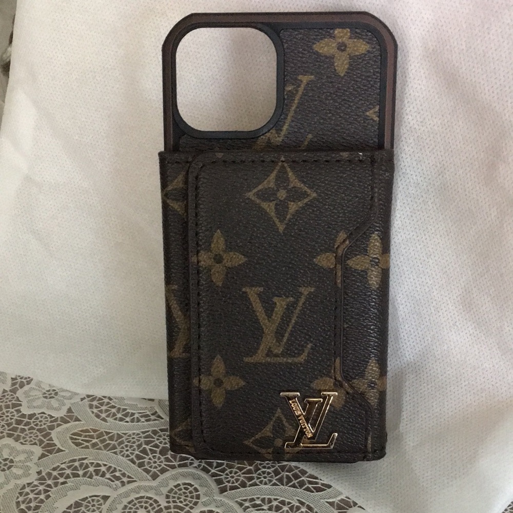 Louis Vuitton Monogram Canvas Phone Case in Brown with Gold LV Accent